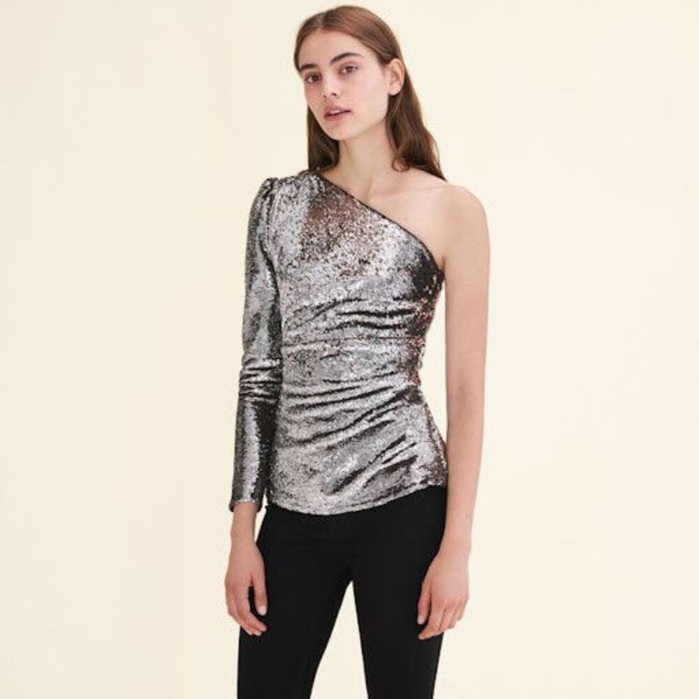 New Maje Womens Loinita Metallic Sequin One Shoulder Top Size 1 Small